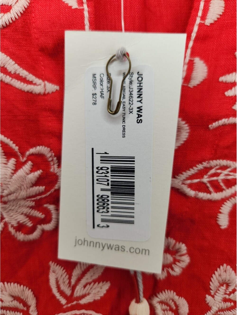 Johnny Was Shift Dress Women's Sz 3X Linen Red Wht Embroidered Tunic Floral - Picture 6 of 9